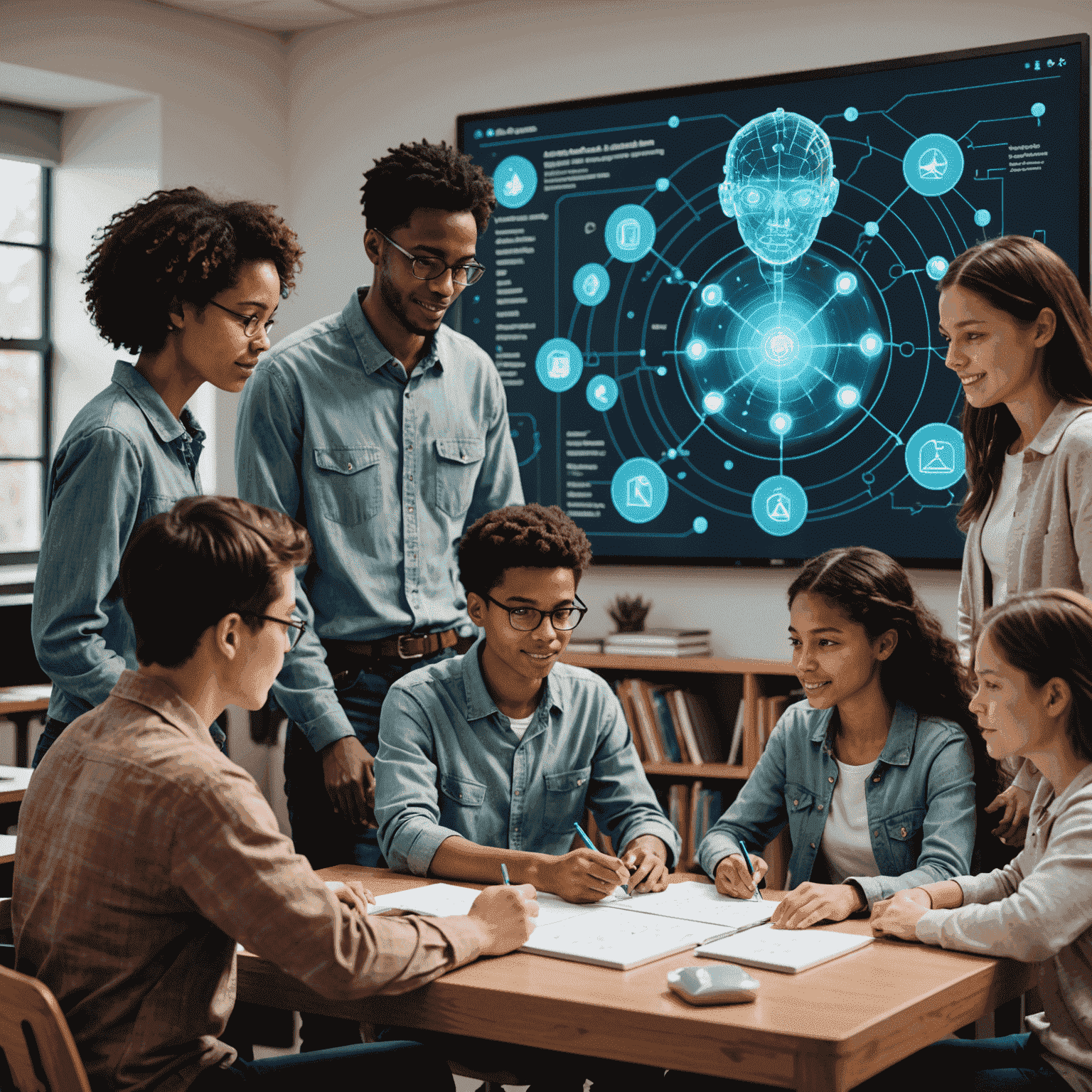 Illustration of AI tutoring a diverse group of students, showing holographic interfaces and personalized learning paths