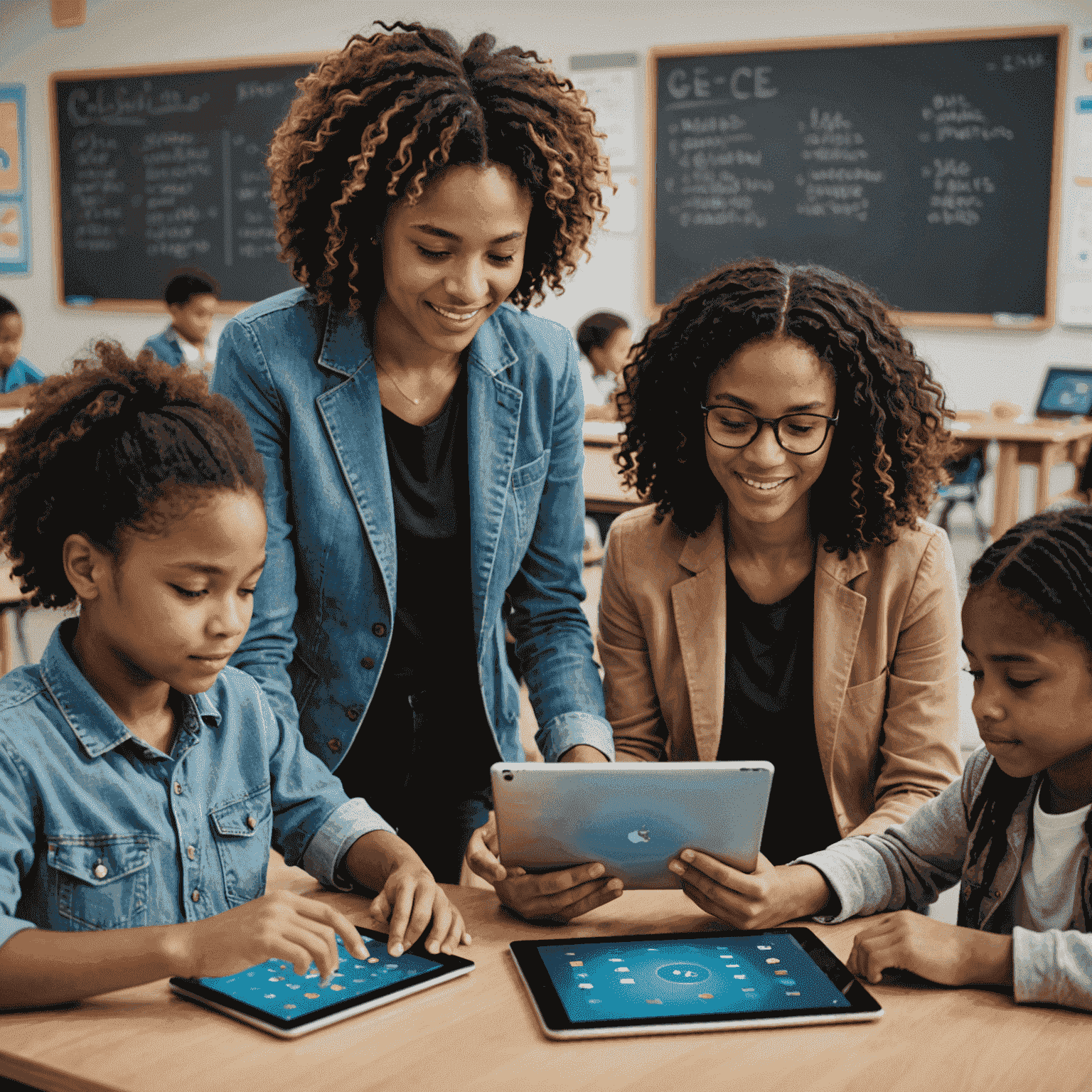 A diverse group of students interacting with AI-powered tablets in a modern classroom setting, with a teacher guiding them through personalized learning experiences