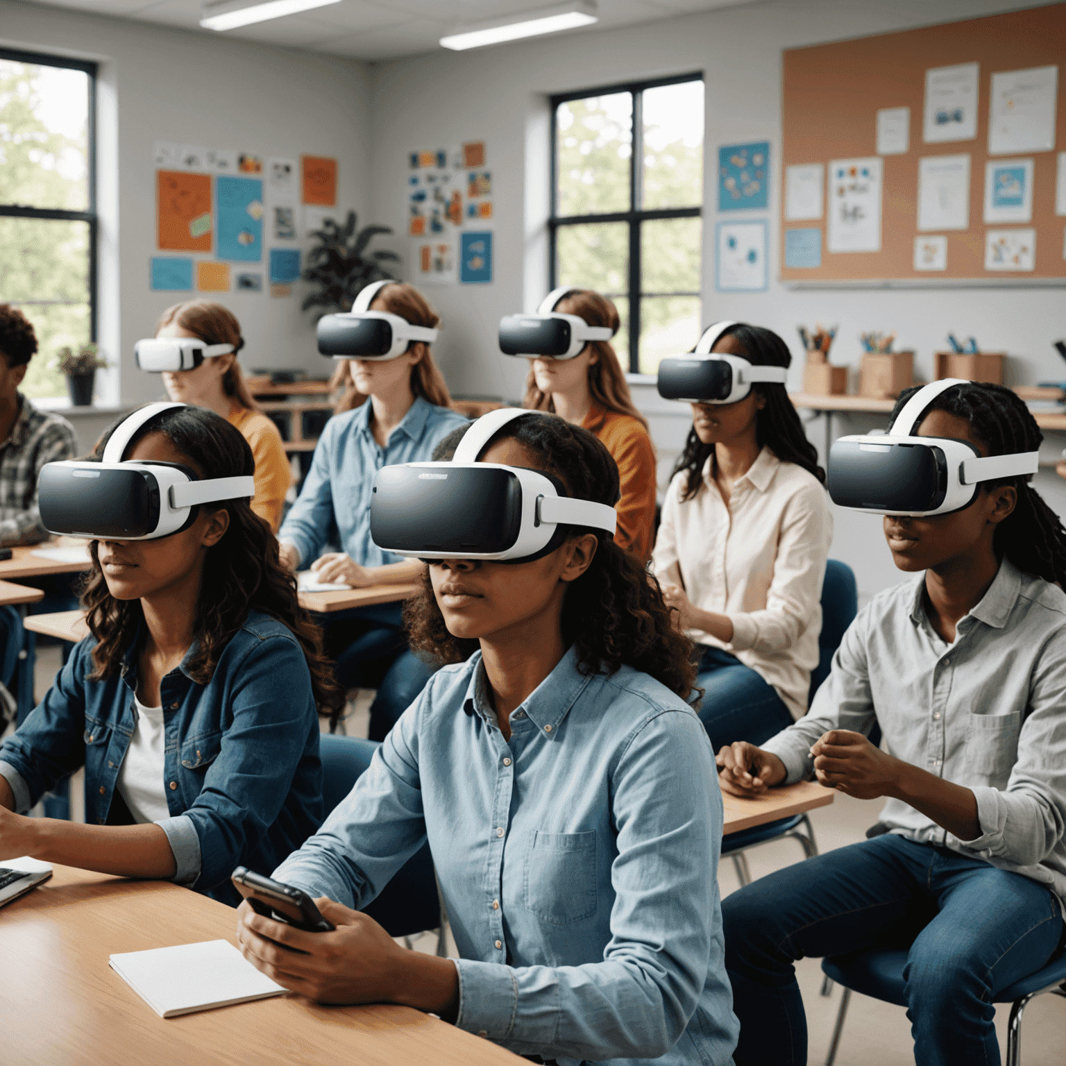 Students wearing VR headsets in a classroom, engaging with virtual 3D objects and environments. The image shows a diverse group of learners actively participating in an immersive educational experience.