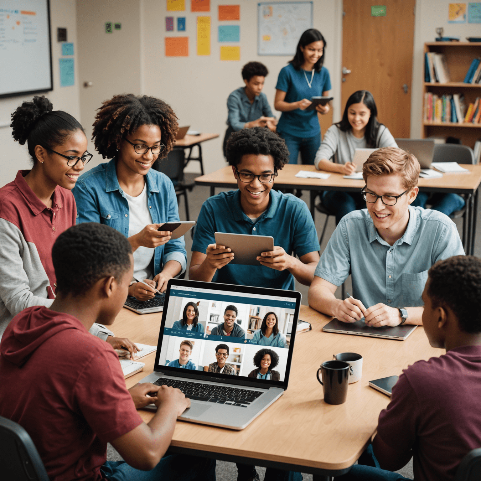 A diverse group of students using various assistive technologies to access online learning platforms. The image shows students with different abilities, including those using screen readers, alternative input devices, and closed captioning.