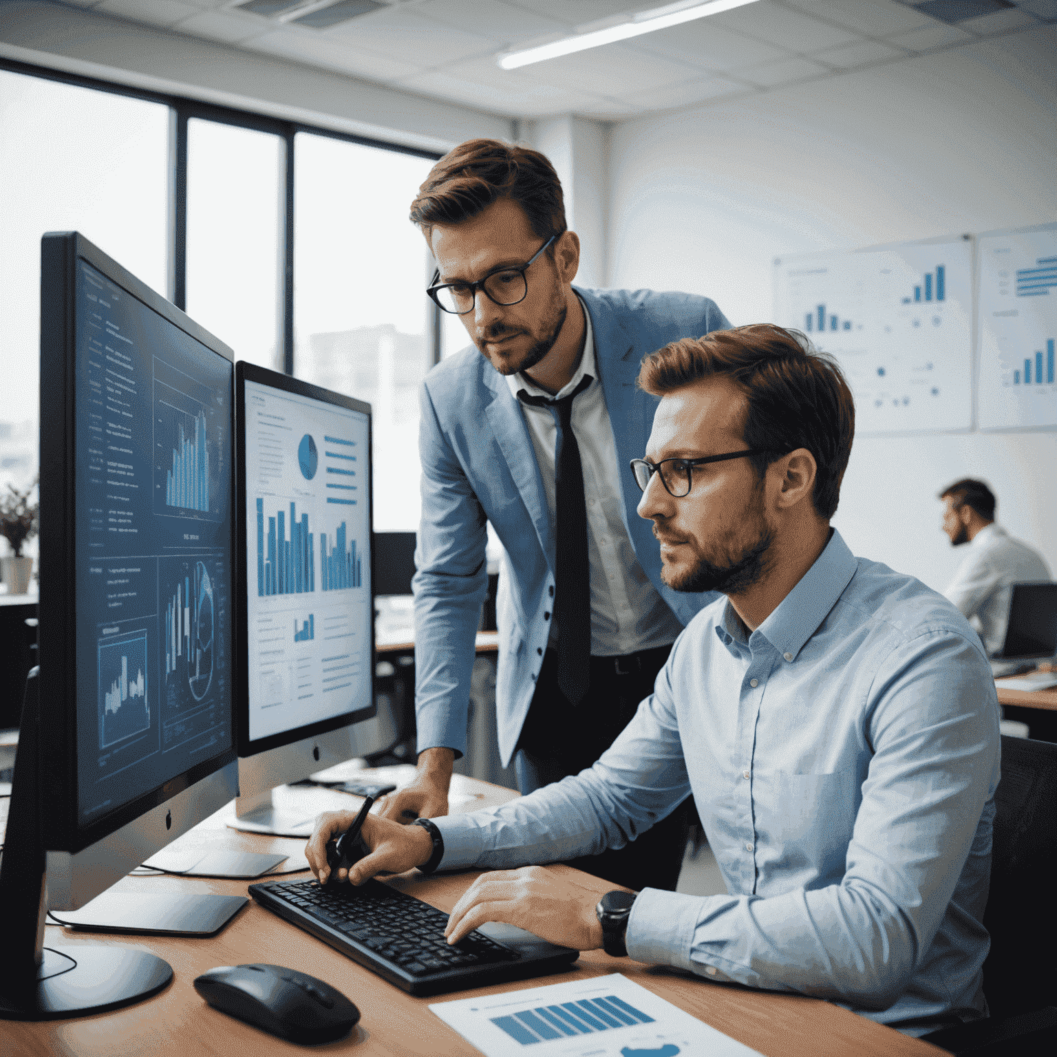 IT consultant working with a client on technology strategy, showing computer screens and diagrams