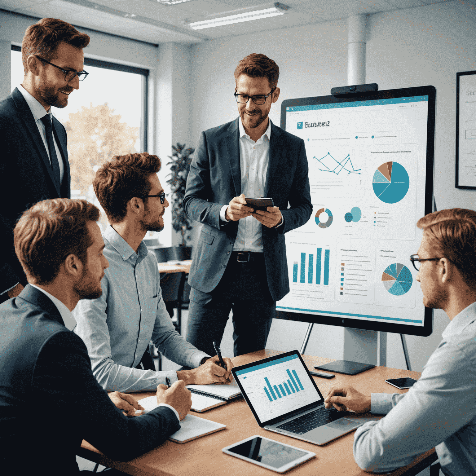 A team of IT consultants collaborating on a digital whiteboard, discussing technology strategies for educational institutions. The image showcases a diverse group of professionals using tablets and laptops to analyze data and create innovative solutions for digital learning and remote education platforms.