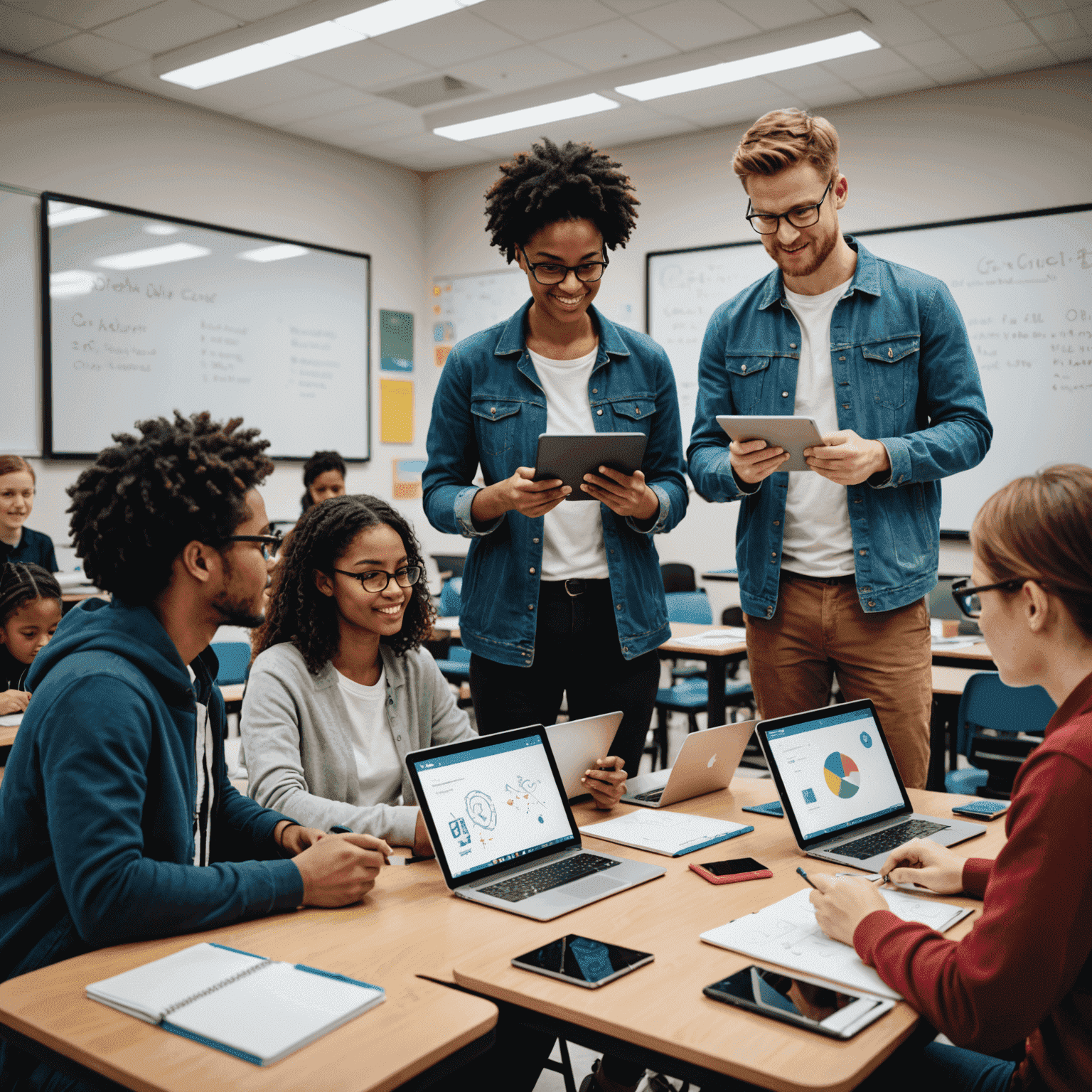 A group of diverse students and teachers collaborating on tablets and laptops in a modern classroom setting, surrounded by interactive whiteboards and AR/VR equipment