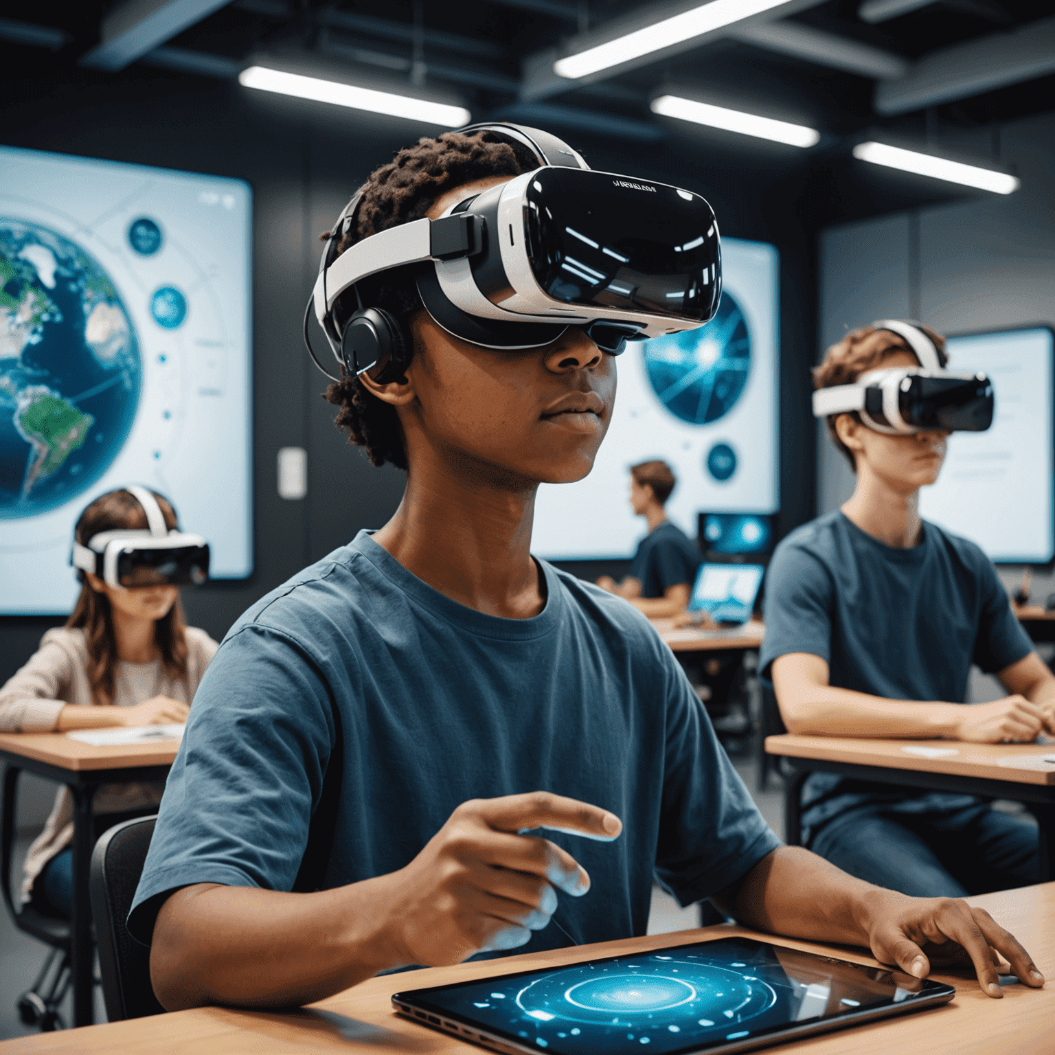 Students wearing VR headsets, interacting with 3D educational content in a futuristic classroom setting