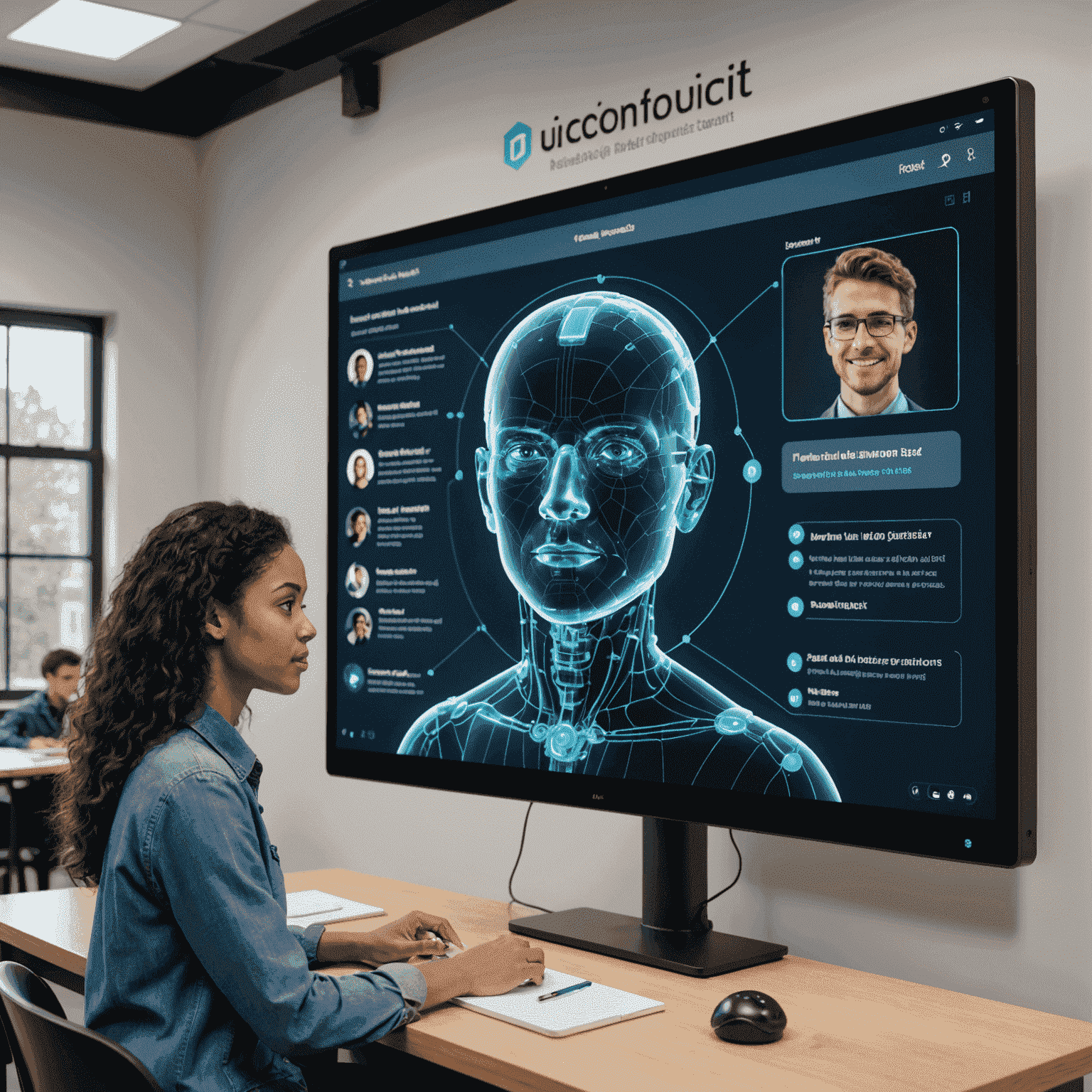 A student engaging with an AI-powered virtual tutor on a large interactive screen, showcasing real-time feedback and personalized explanations