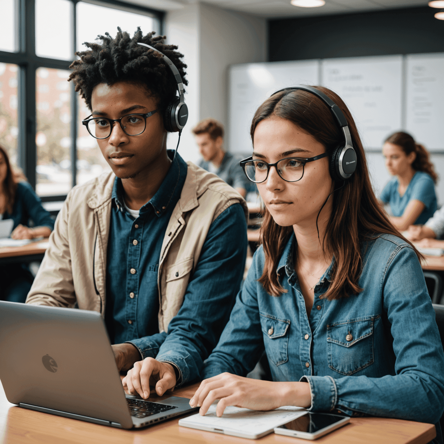 A split-screen image showing various alternative input methods for accessing online education. On one side, a student using an eye-tracking device, and on the other, a student using voice commands to navigate a learning platform.
