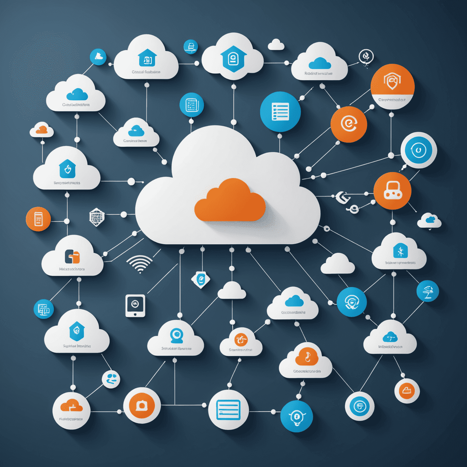 Cloud infrastructure diagram with icons representing various cloud services and migration paths