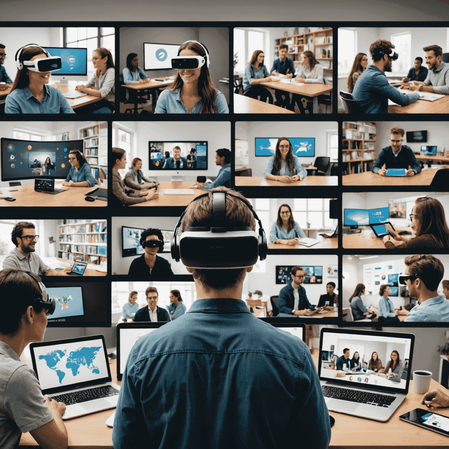 A montage of various EdTech tools and platforms, including virtual reality headsets, educational apps on tablets, and students participating in a video conference class