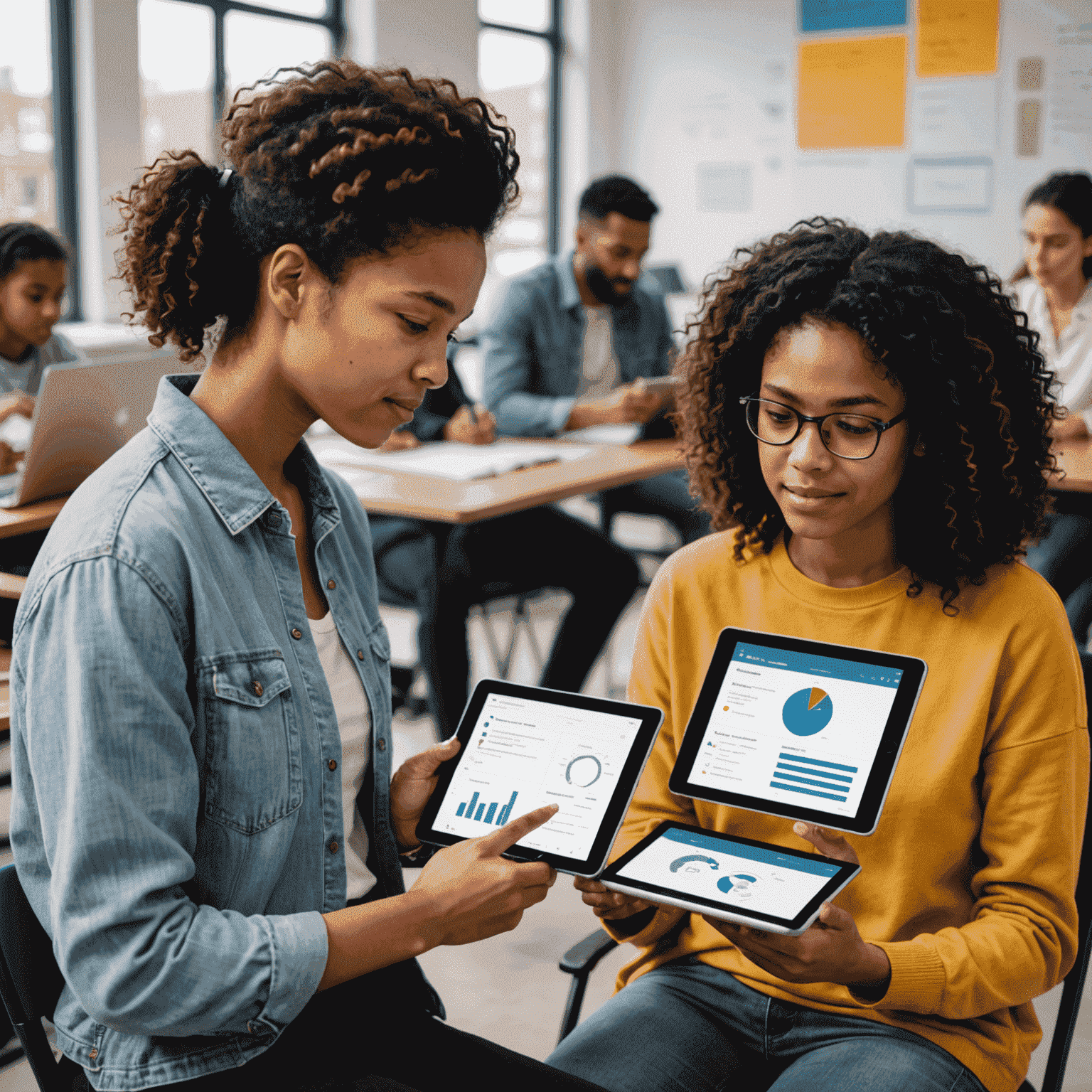 A split-screen image showing a student taking an adaptive AI assessment on a tablet, with the other half displaying a teacher reviewing detailed performance analytics