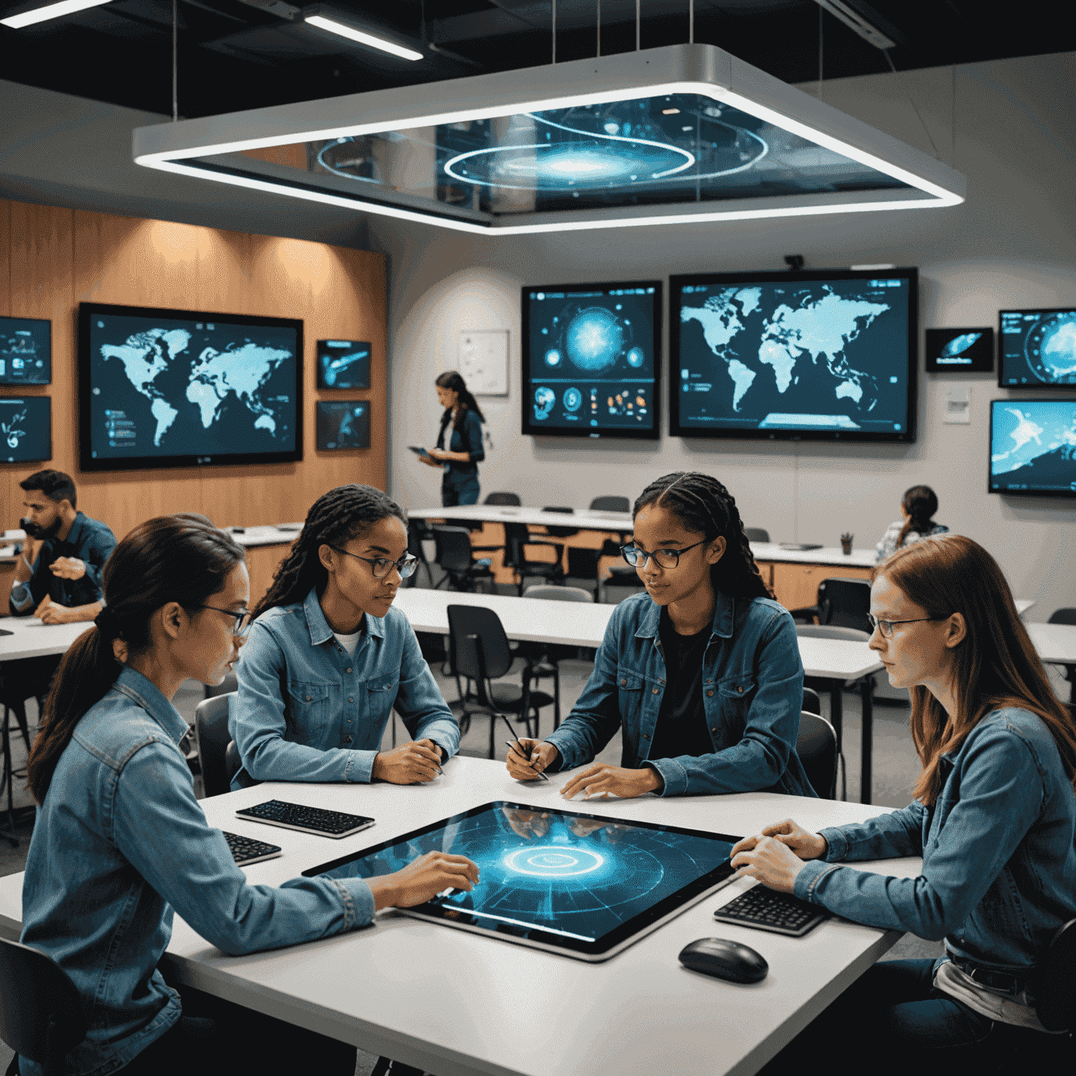 A futuristic classroom setting showcasing various accessibility technologies in action. Students with different abilities are seen interacting with holographic displays, using brain-computer interfaces, and engaging with AI tutors, all within a seamlessly integrated learning environment.