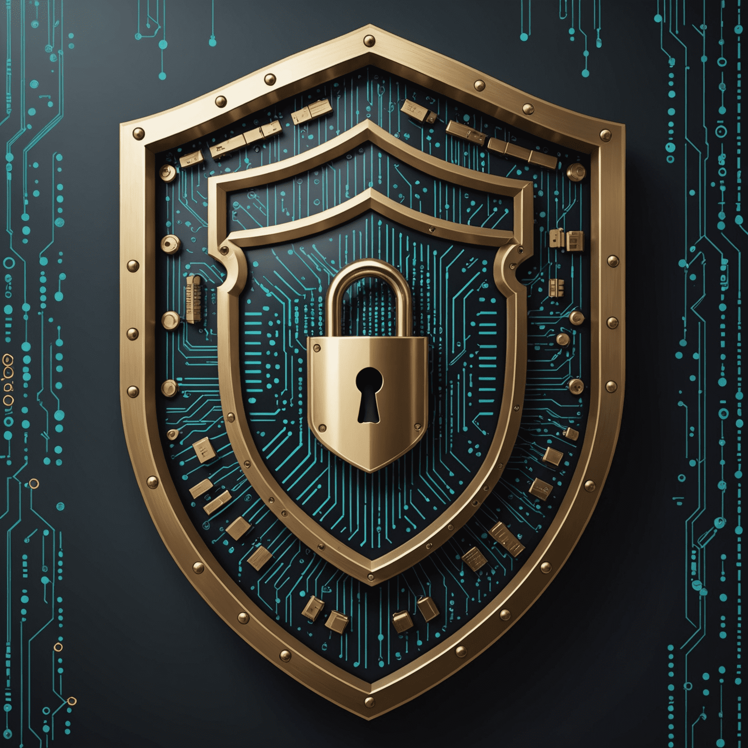 Cybersecurity concept with a shield protecting digital assets, showing locks and binary code
