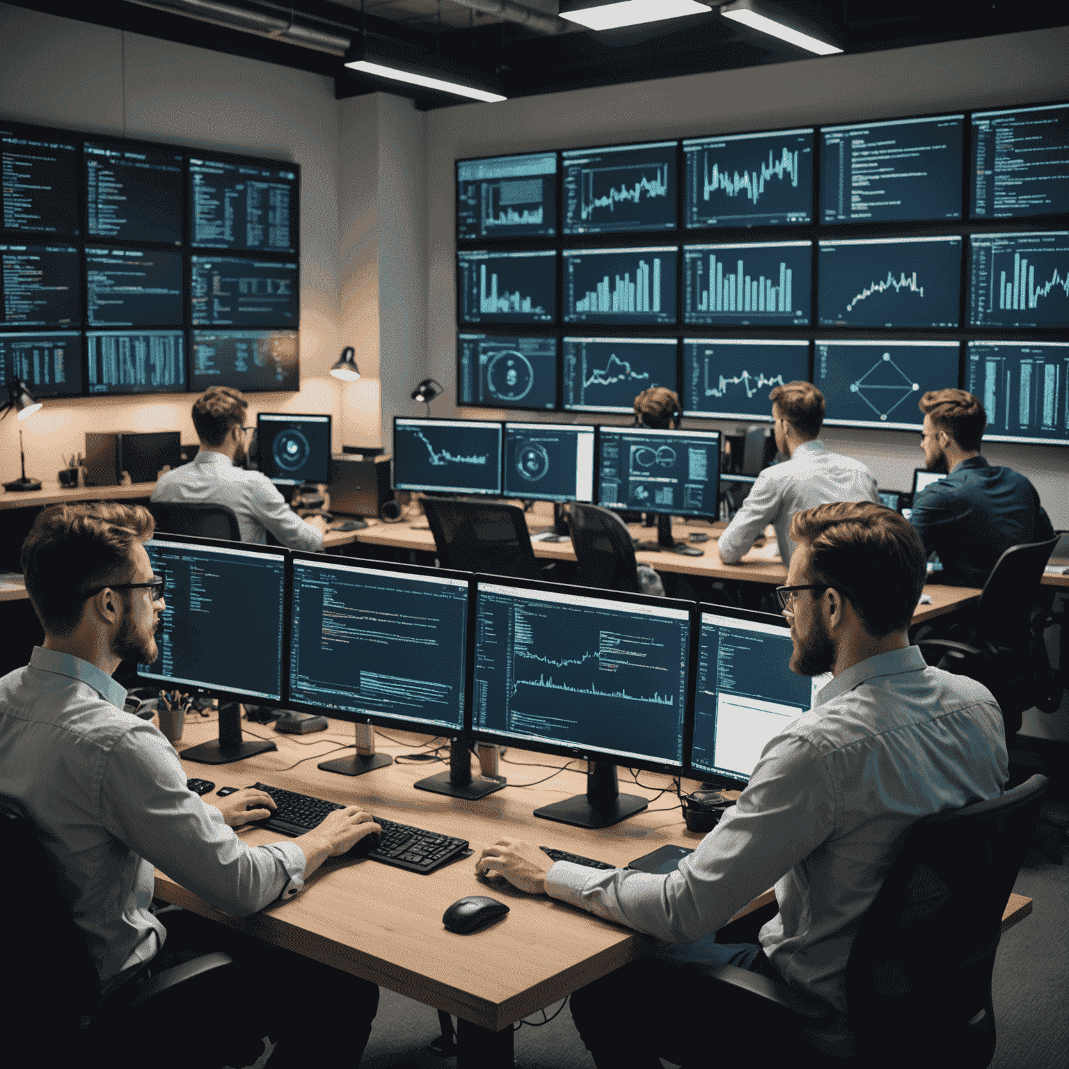 Software developers working on code, with multiple screens showing programming languages and flowcharts