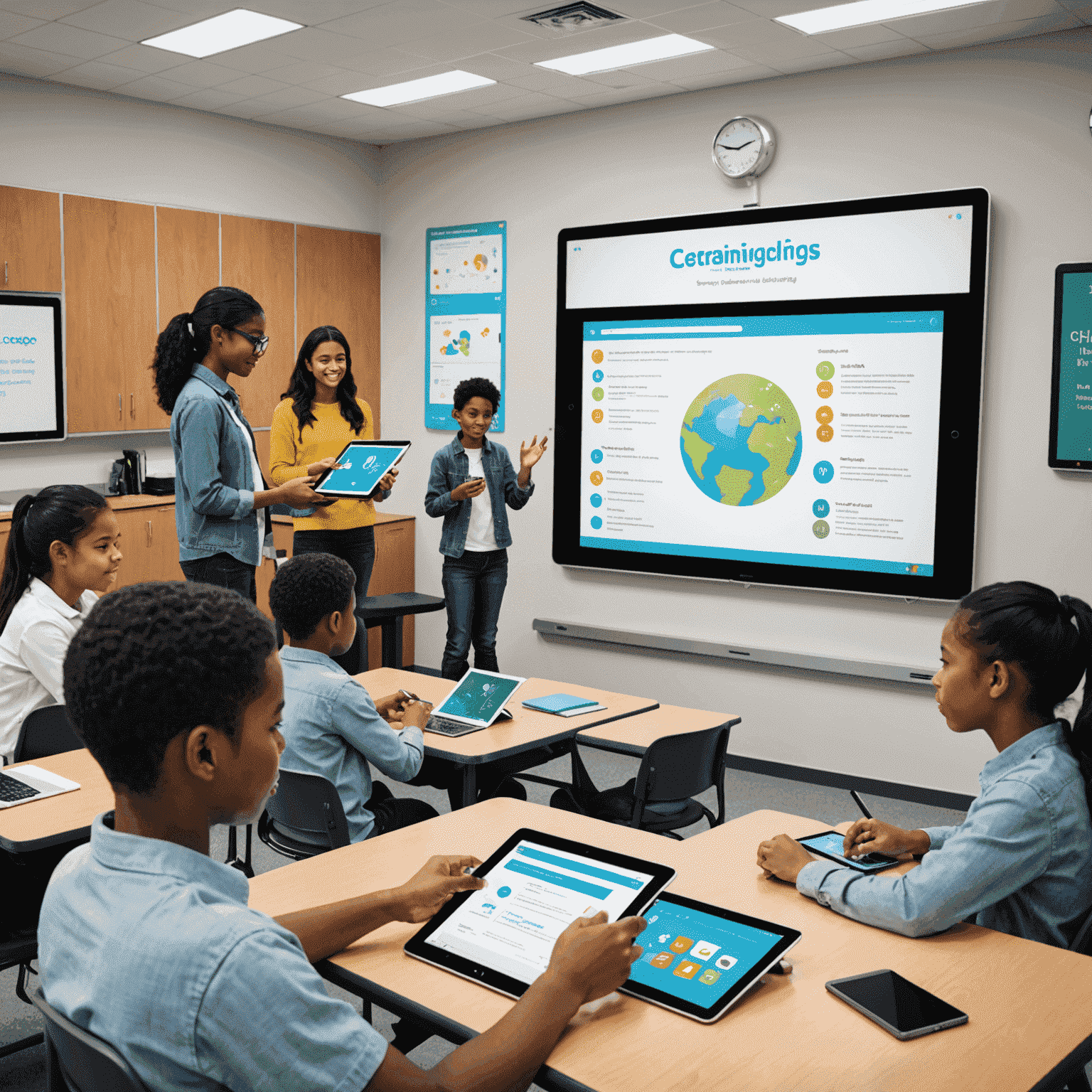 Classroom setting with students using tablets and interactive whiteboards, showcasing digital learning technologies